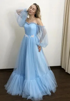 Blue Prom Dresses A-Line Off the Shoulder Sweetheart Tulle Long Sleeves Prom Gown Evening Party Dresses Robe De Soiree