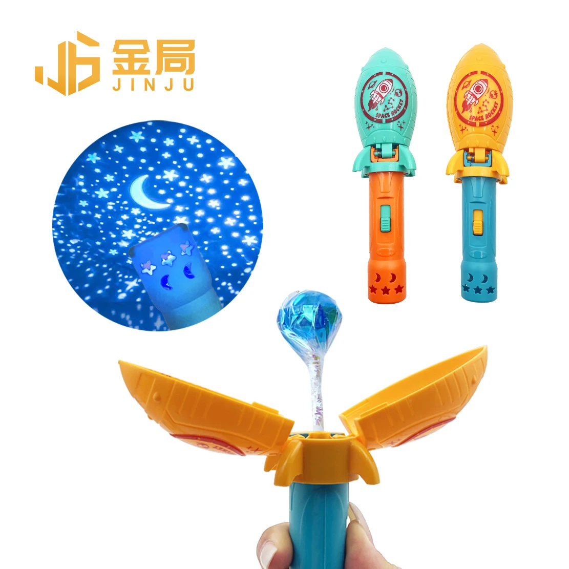 Novelty Cartoon Space Rocket Glow Stick Candy Toy Promotional Kids Gift Plastic Lollipop Toy Candy