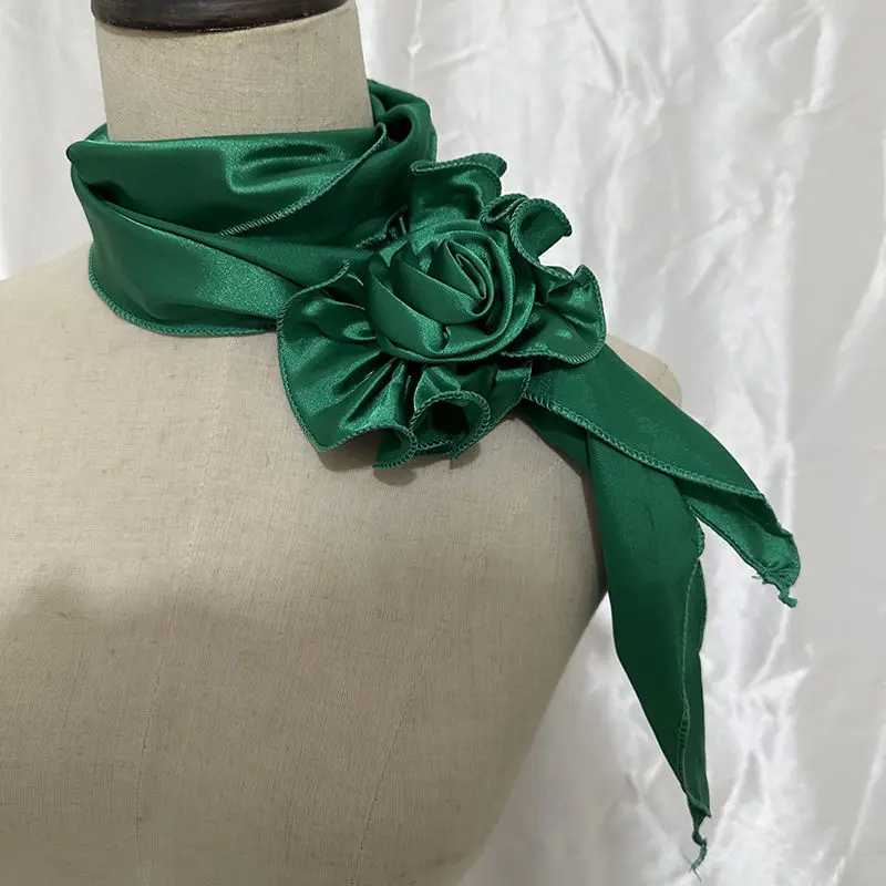 HZM-60926 Big Rose Long Neckerchief  for Women Girls Y2K Satin Floral Scarf Necktie for Costume Party Wedding Cosplay Accessory