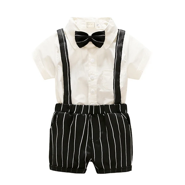 Spring and summer popular gentleman baby boy short-sleeved strap shorts shirt bow tie suit outfit