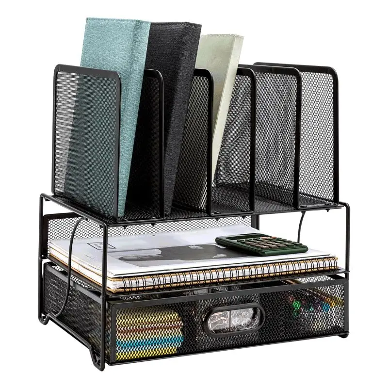 Desktop File Folder Organizer 3-Tier Letter Tray with 5 Vertical File Holders Mesh Desk Organizer with Sliding Drawer