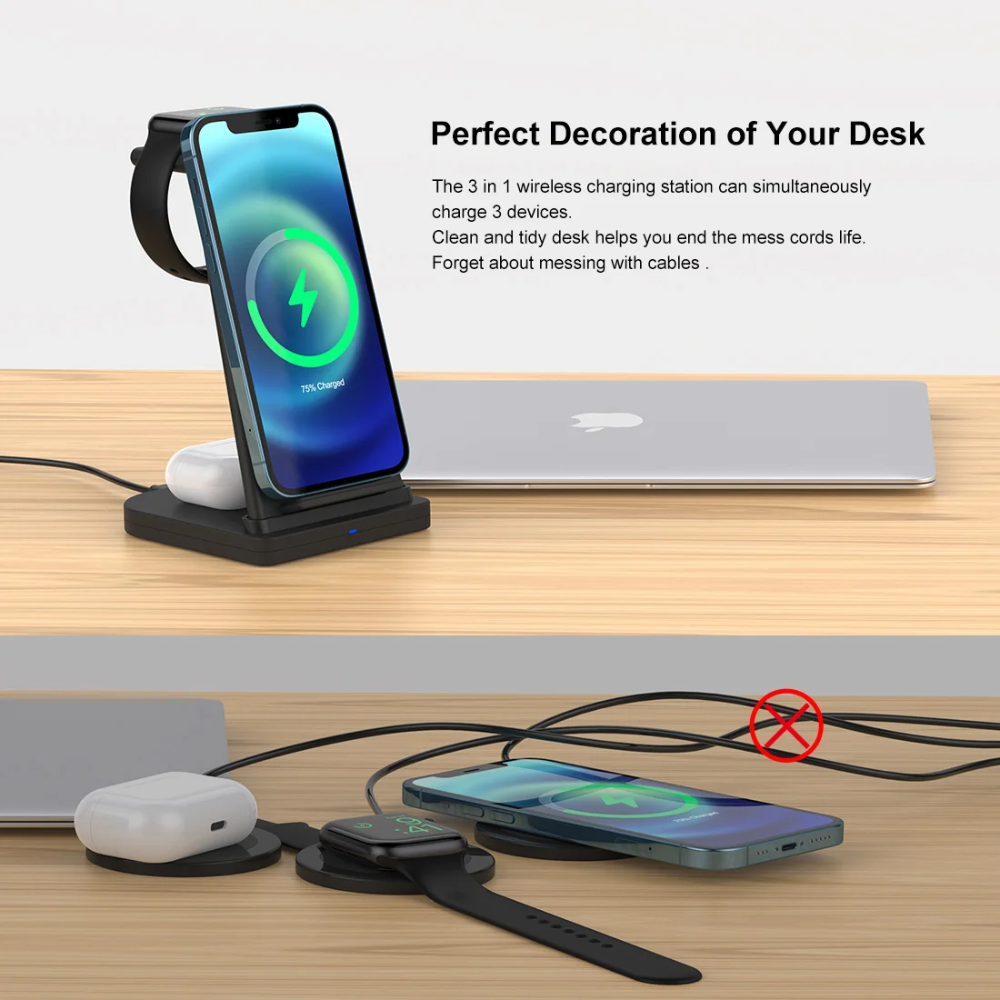  Беспроводное зарядное устройство Подставка 3 в 1 для Iphone 12 Pro Max док-станция Airpods Apple Watch серии мобильный телефон