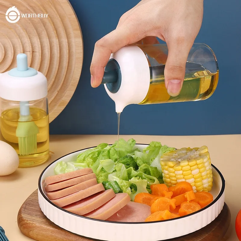 
WORTHBUY Creative Design Press head BBQ Oil Dispenser Seasoning Bottle Non-Drip Glass Olive Oil Bottles with Silicone Brush 