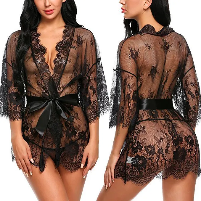 Women Sexy Lace Kimono Naughty Underwear Sleepwear Transparent Mesh Lace Dress Robe with Belt and G-String