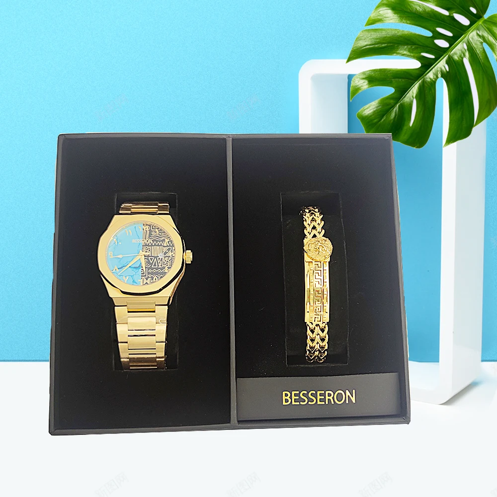 Unique arabic design gold Retro quartz watches soild stainless steel japan movement men wrist watch with bracelet set