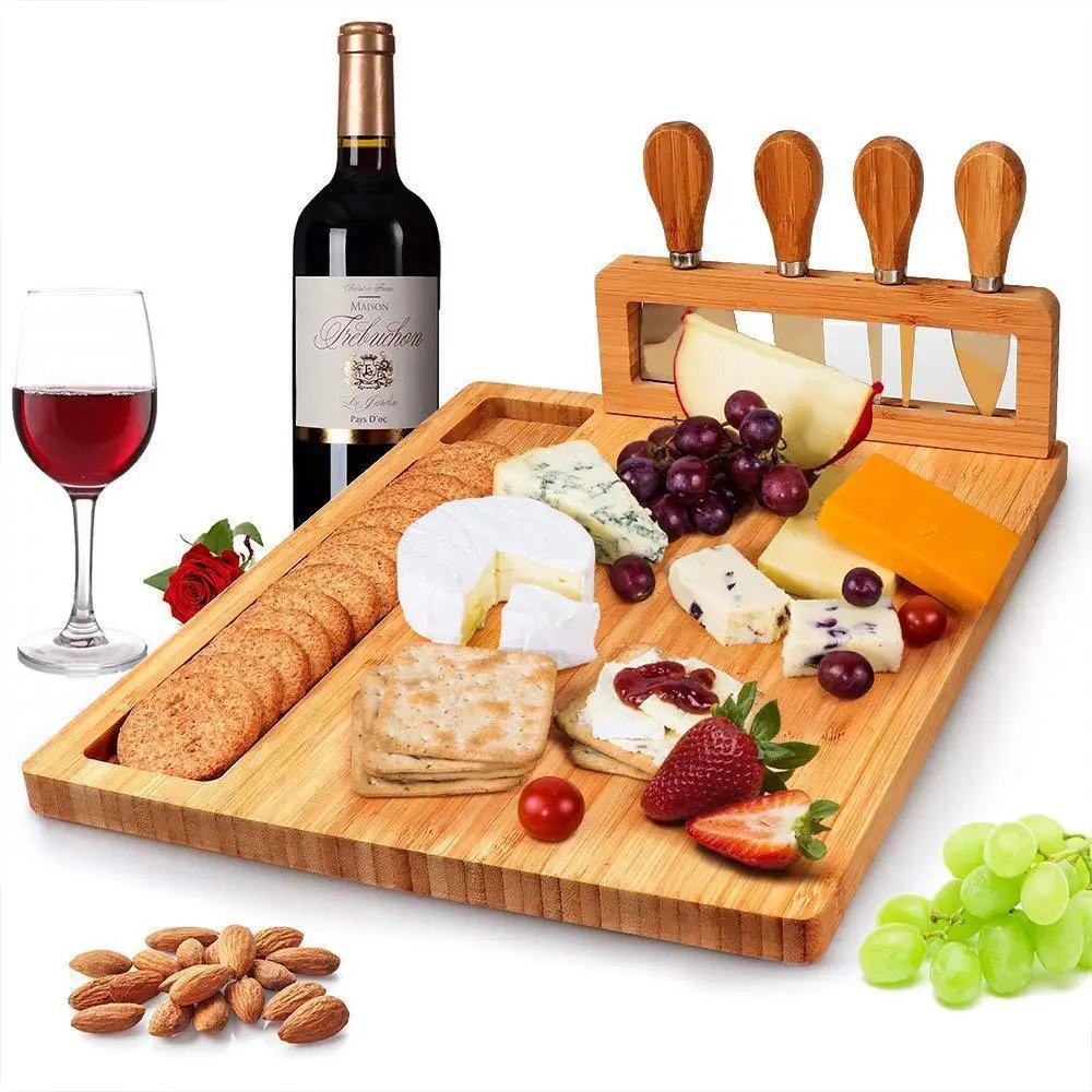 
Bamboo Cheese Board And Knife Set Wooden Charcuterie Platter Serving Tray With Cutlery 