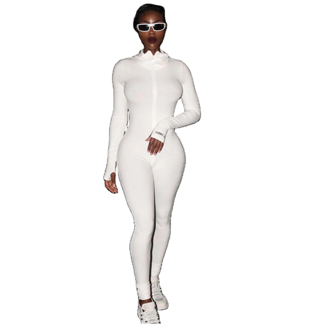 2021 Fashion High Neck Ladies Workout White Sexy One Piece Long Sleeve Jumpsuit Women
