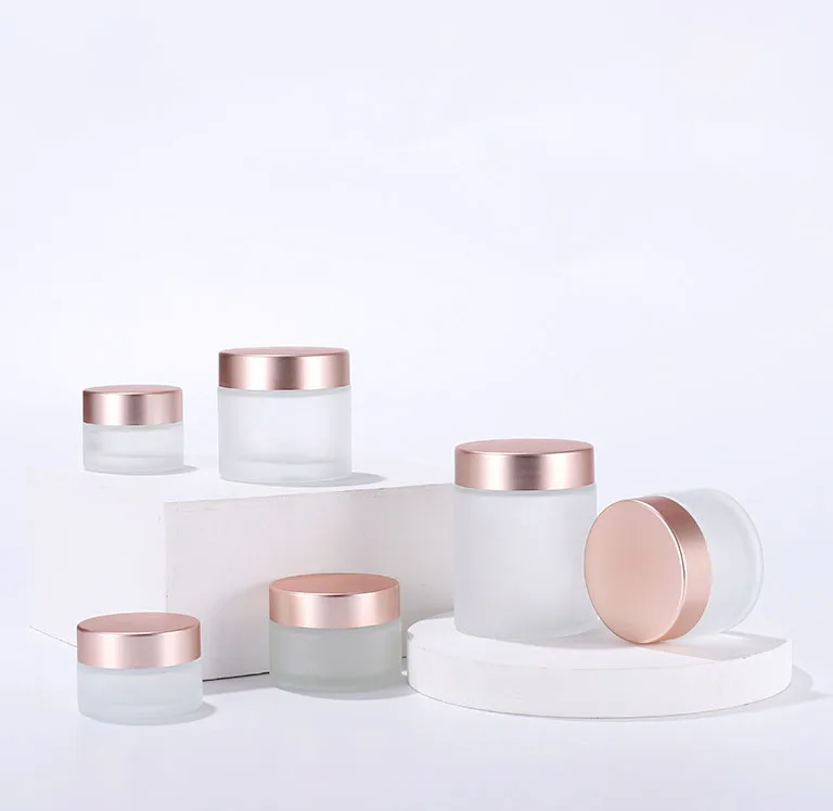Hot Sale Skin Care Pink Clear Frosted Glass Jars Cosmetic Face Cream Container With Rose Gold Lid 5g 10g 15g 20g 30g 50g 100g