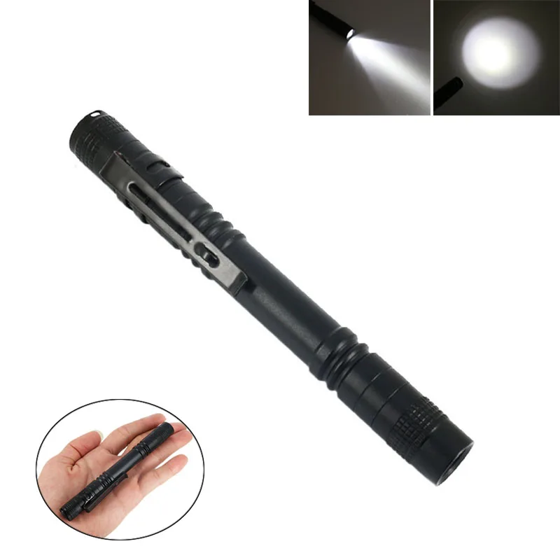 Aluminum Portable LED Flashlight Powerful Torch With Clip Mini Pen Light 2 AA Battery