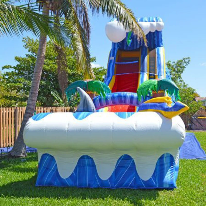 China manufacturer pvc blue 22ft tropical coconut tree wild waves wet dry or water slide