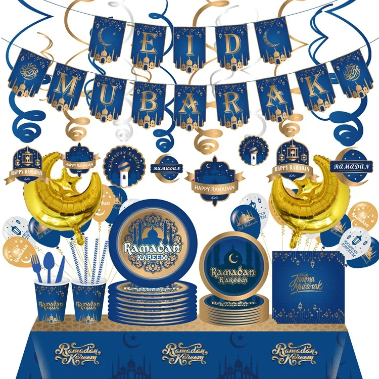 Islamic Gold Blue Party Tableware Kit Eid Mubarak Paper Cup Plate Napkin for Muslim Party Serving Decoration