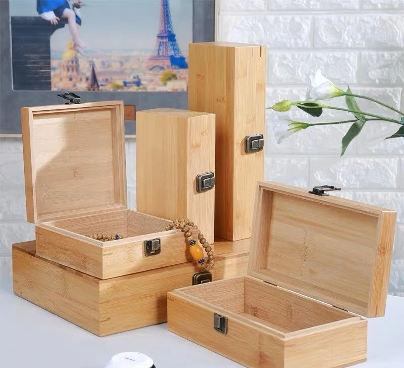 Japanese bamboo wooden storage box Rectangular solid wood with lock clamshell wooden box Tea essential oil bamboo gift box