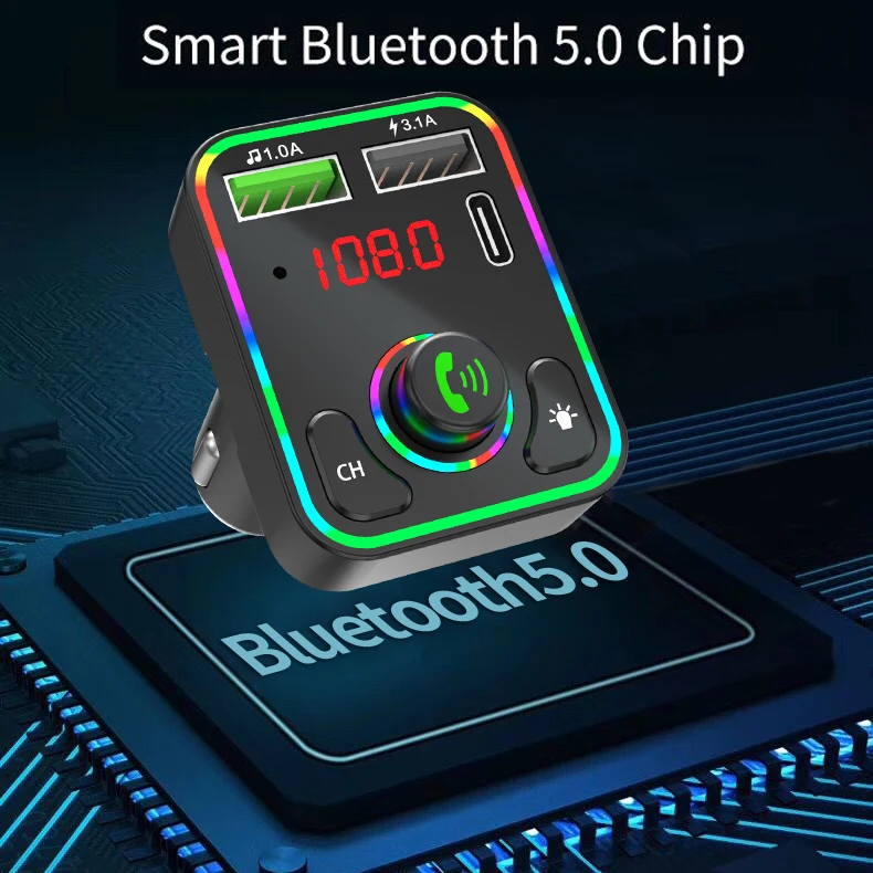 New Bluetooths 5.0 Car charger with colorful led light 3.1A Quick Adapter Dual USB Port Type C PD Car charging station charger