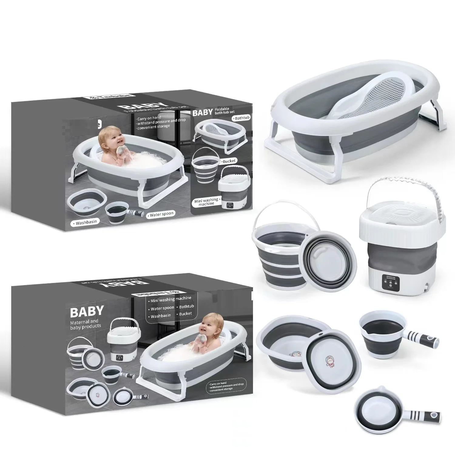Factory Price Folding Grey Kids Bathtub Baby Bath Tub Set Plastic Seat Baby Bathtub Set