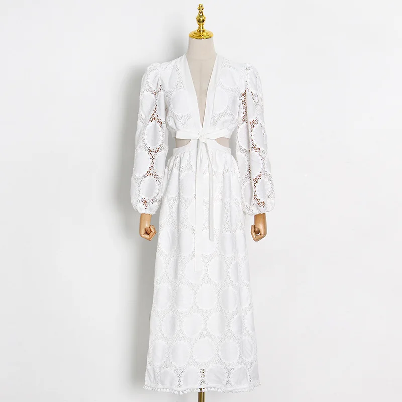 Plus Size Long Sleeve Lace Cotton Embroidered Pleated Woman Layers Beach Cocktail Evening Dress Oem Wholesale