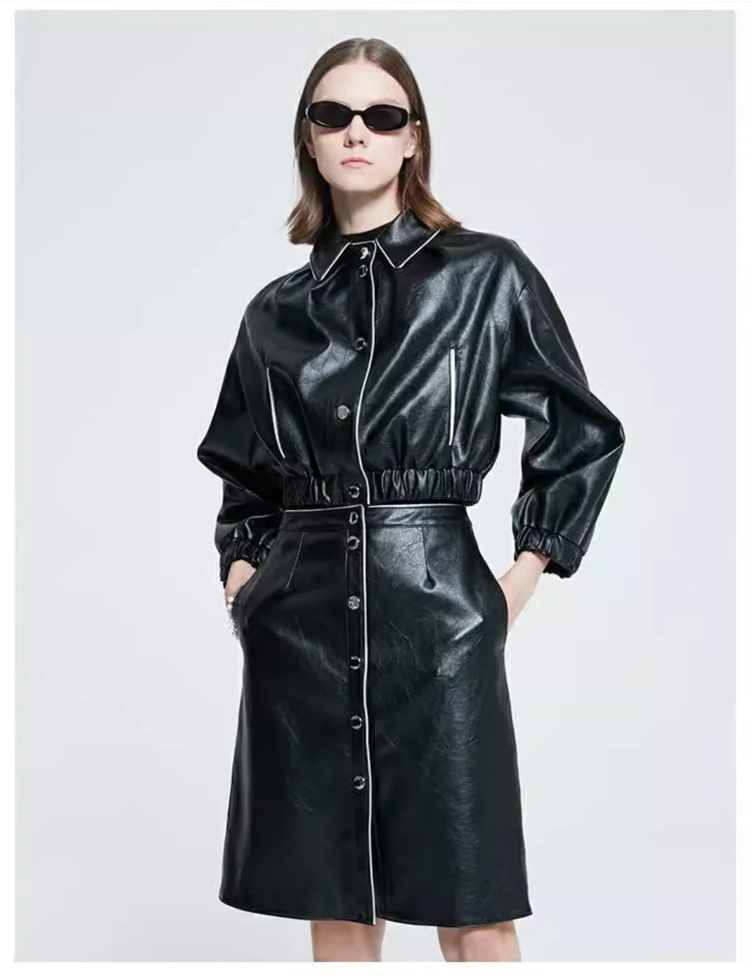 YRP011 Upmarket Chic Style PU Leather Cropped Bomber Jacket High-end Synthetic Leather Blouson