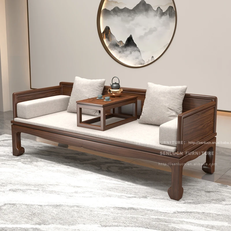 Wujinmu Arhat Bed, Tea Table and Chair Combination, Solid Wood Tea Room,living Room, New Chinese Style Sofa Bed,white Wax Wood,