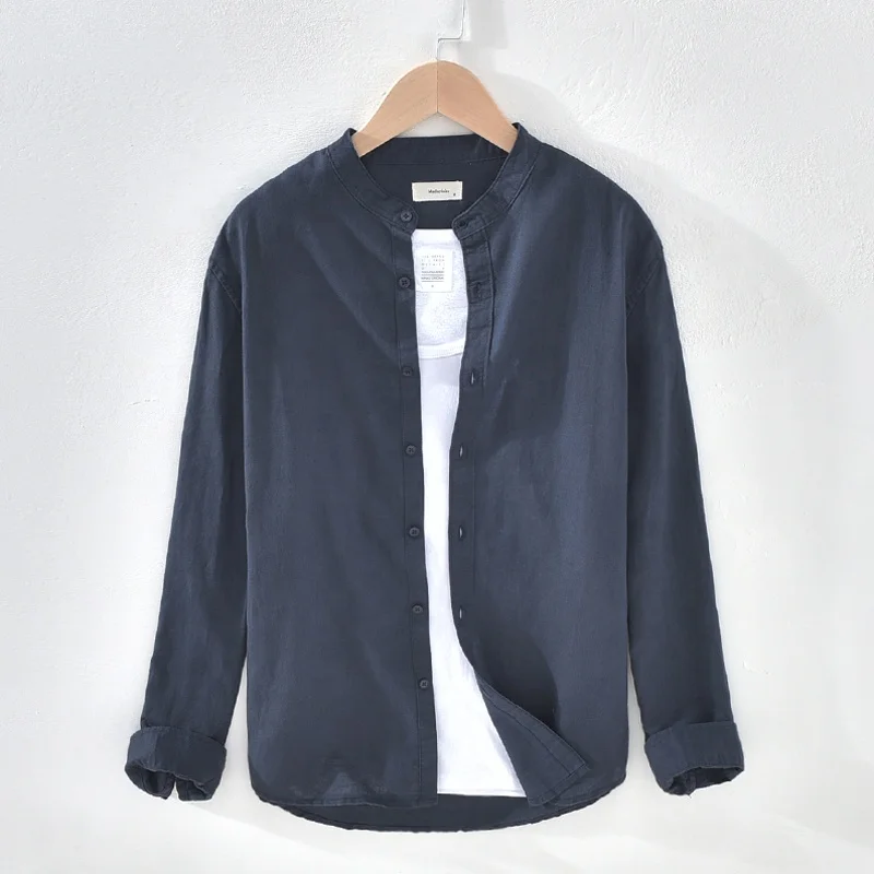 Factory wholesale men high quality linen cotton stand collar casual shirt long sleeve