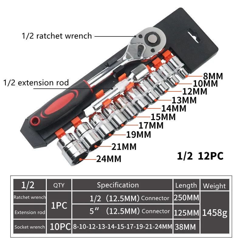 12pcs auto repair tool kit 1/4 3/8/ 1/2 fast ratchet wrench socket set