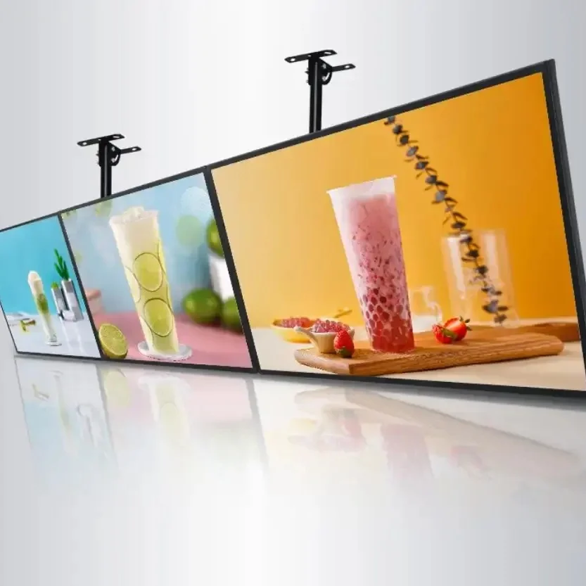 Ultra thin Lcd Billboard Hanging Tv Lightbox for Menu Display In Rectangle Shape for Milk Tea Shop Advertising