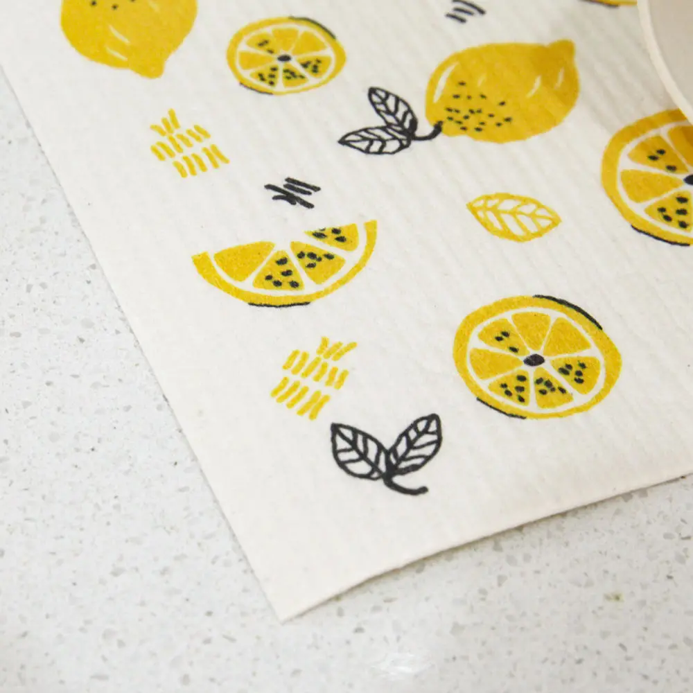 Hot Selling Custom Design Eco-Friendly Lemon Reusable Cellulose Cotton Cleaning Cloth Swedish Dishcloth For Kitchen