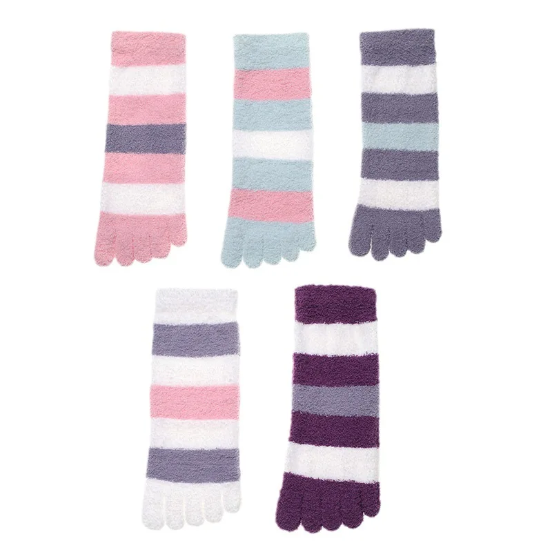 2024 Winter Split Toes Sweet Pink Mint Grey Women Wide Striped Coral Fleece Thick Warm Indoor Floor Sofa Bedroom Sleeping Socks