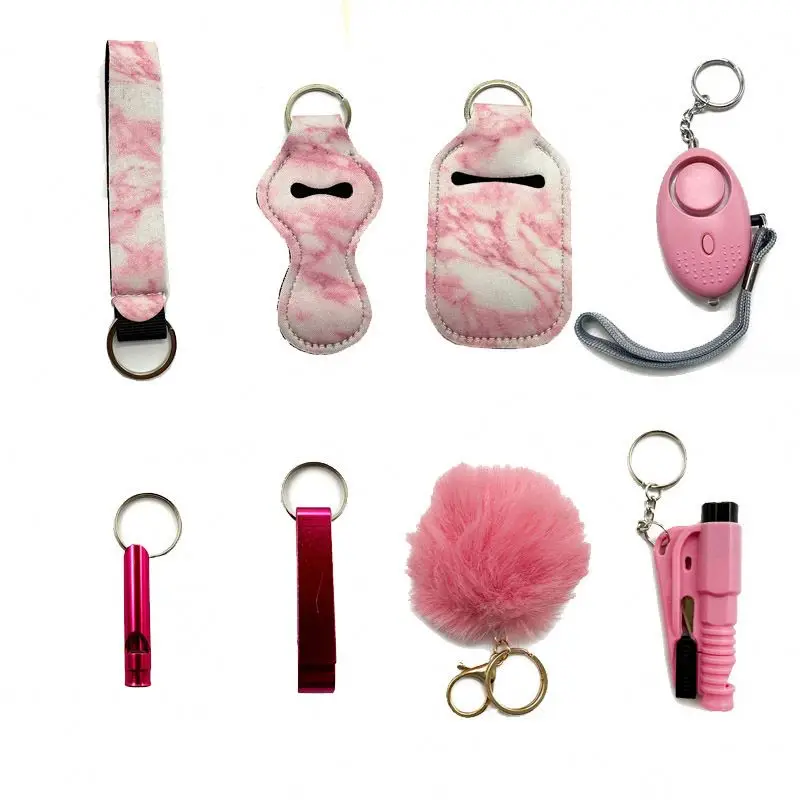 Wholesale 8pcs Keychain Set Bulk Accessories wrist strap whistle bottle opener pom pom window breaker Set Self Defense  keychain