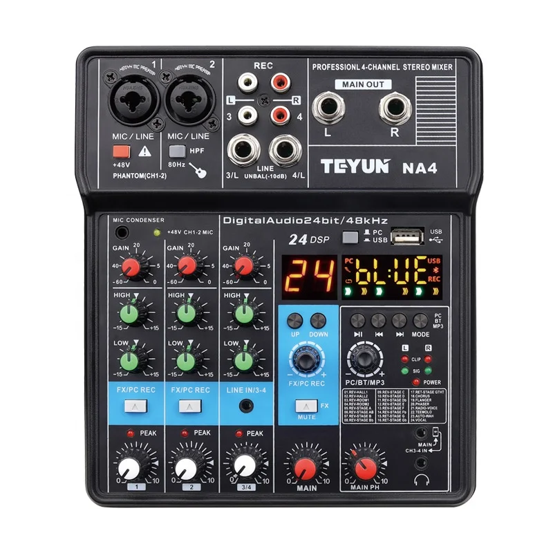 TEYUN NA4 mixer audio digital 4-Channel small digital mixer console K-song live broadcast digital with recording sound card