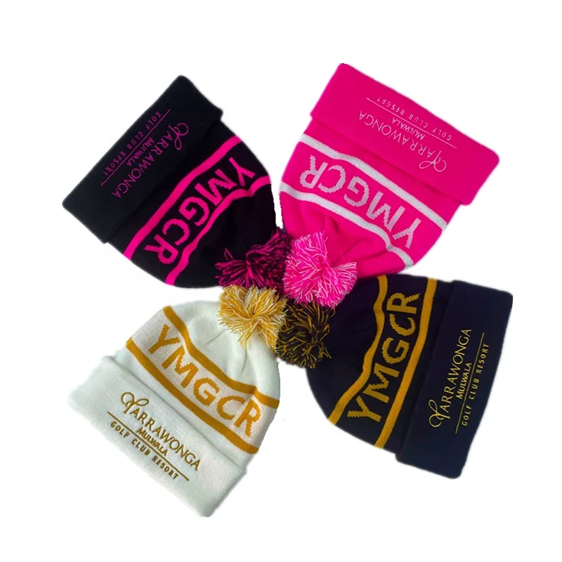 Custom Logo Jacquard Pom Pom Winter Knitted Beanie Hat,Cuffed Beanie Cap With Pom