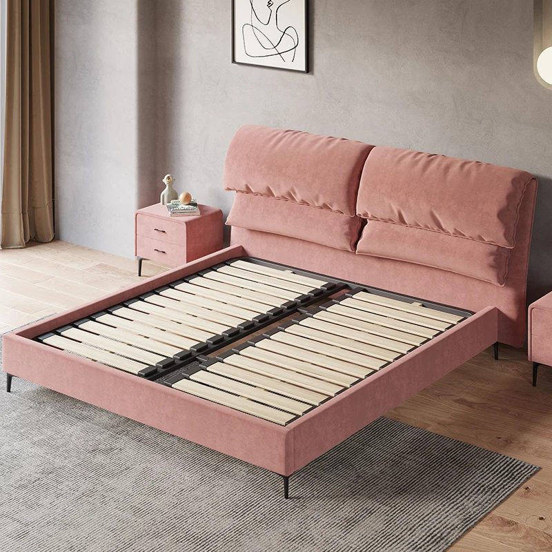 SITU Elegant Shape King Size Bed Wooden Frame Designs Luxurious Fabric Pink Up-holstered Beds Modern