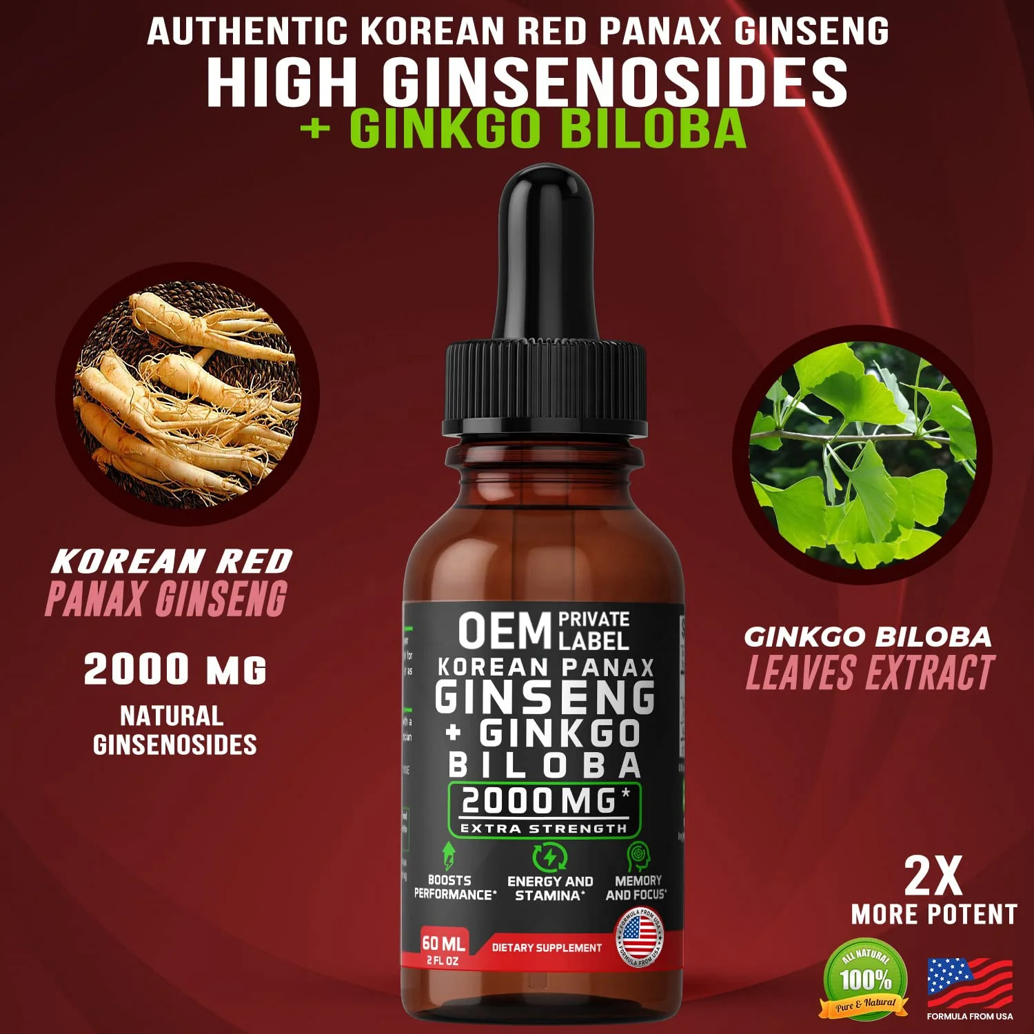 OEM Vegan Korean Red Panax Ginseng+Ginkgo Biloba Root Extract Liquid Drops Strength for Men & Women Energy, Performance & Focus