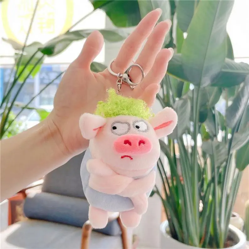 12cm Pig Plush Keychain Toy Mini Cute Cartoon Stuffed Animal Doll Bag charm Kids Gift Funny Kawaii Angry Green Hair Pig Keychain