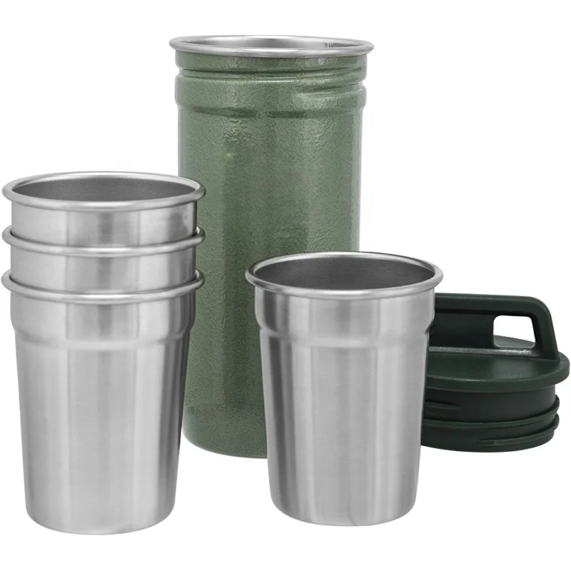 PURPLESEVEN 2oz Adventure Nesting Shot Glass Set 4 Stainless Steel Stackable Shot Glasses with Rugged Metal Travel Carry Case