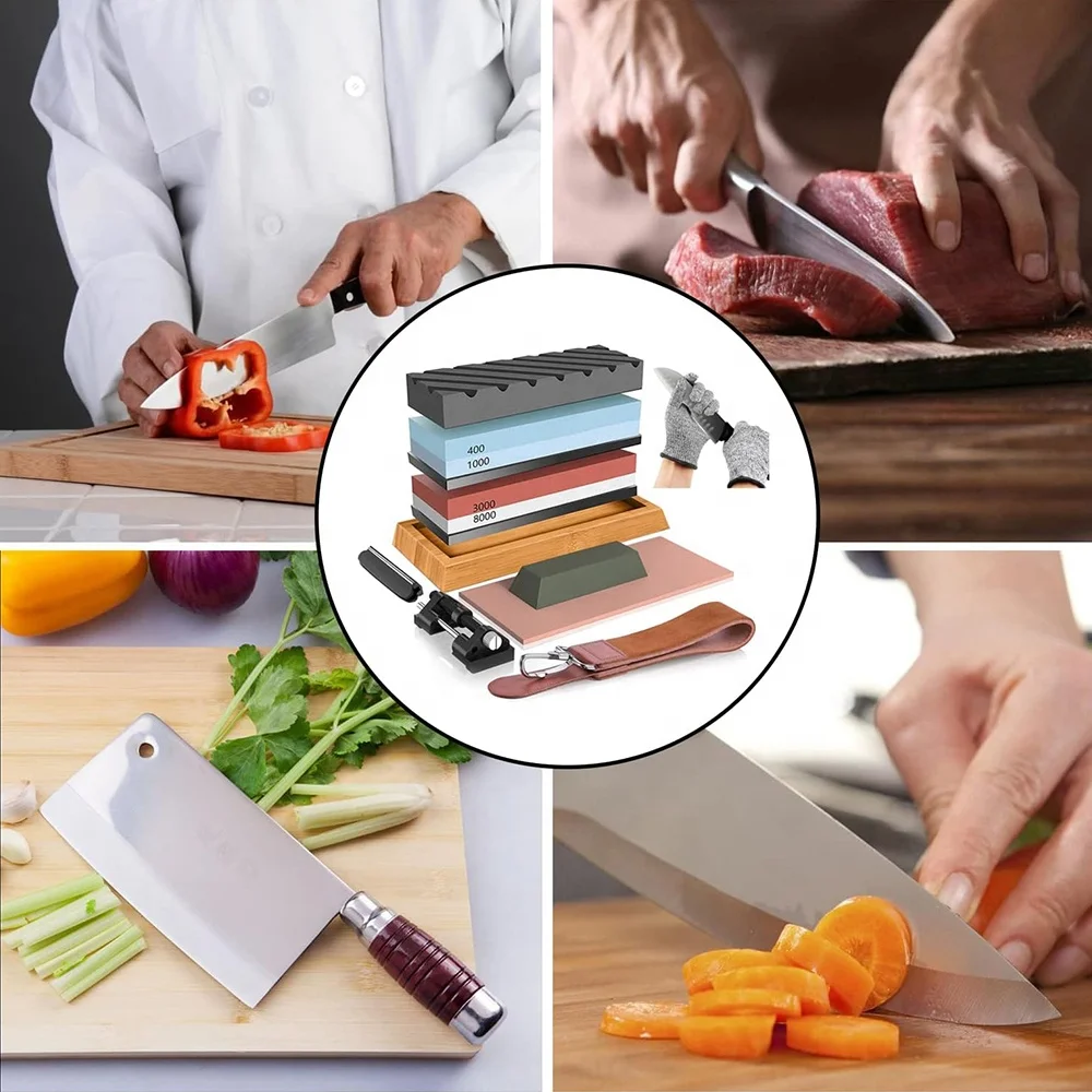 TOALLWIN 400/1000/3000/8000 kitchen knife sharpener knife sharpening stone kit whetstone knife sharpener set with bamboo base