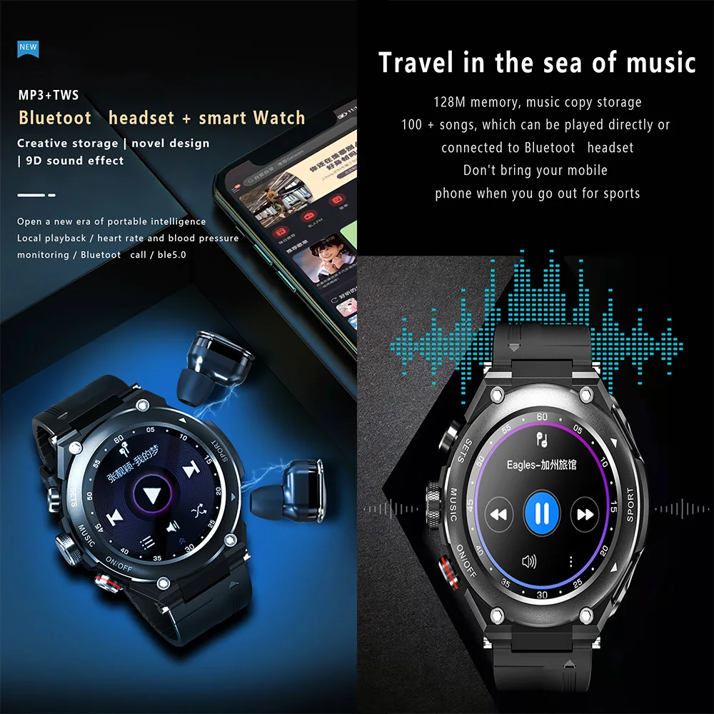 T92 Smart Watches  Built-in Wireless Earbuds Speaker with Earbuds MP3 music play Headset 3 in 1 Smartwatch