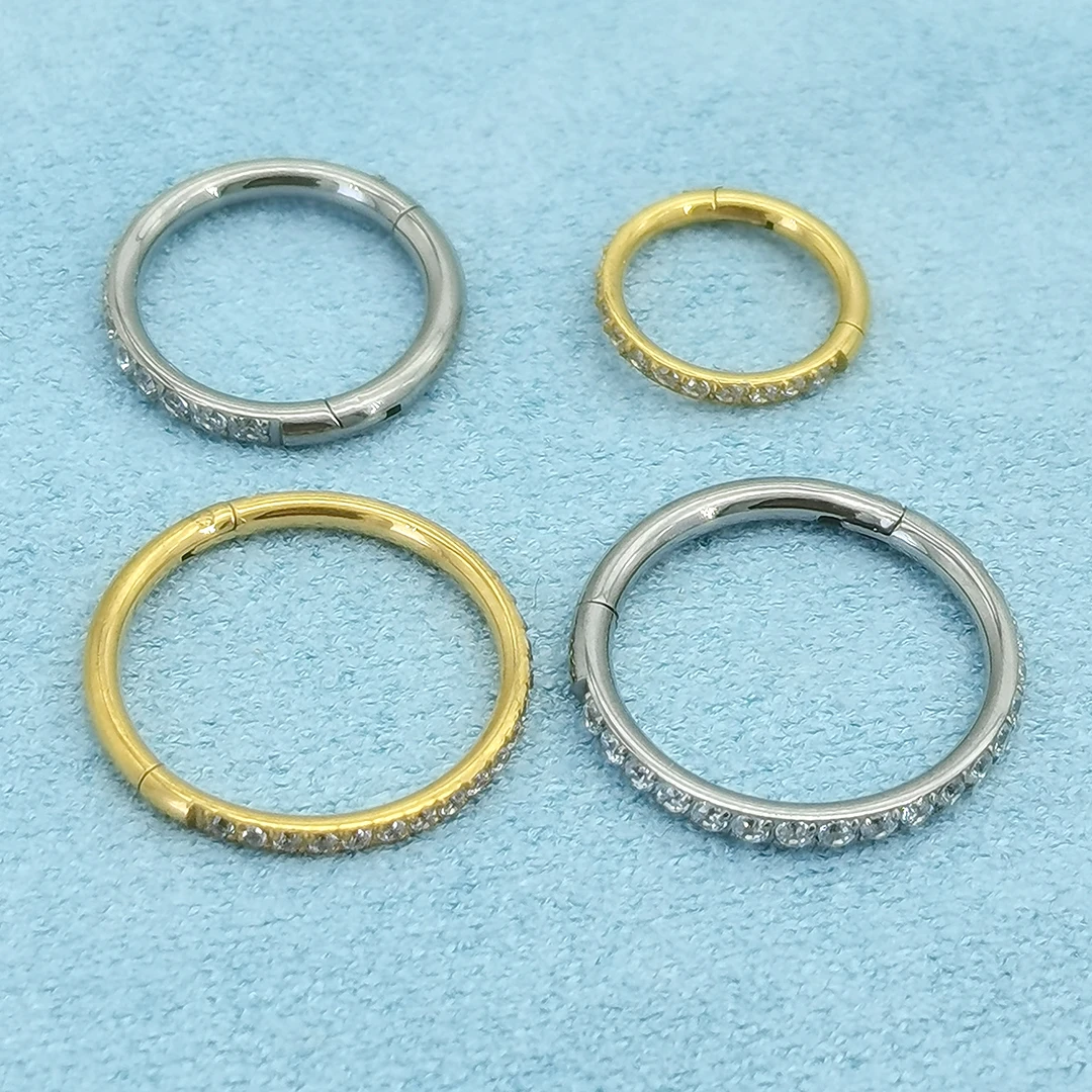 ASTM F136 Titanium Mirror Polish Zircon Hinged Nose Ring Clicker for Cartilage Helix Tragus Conch Piercing