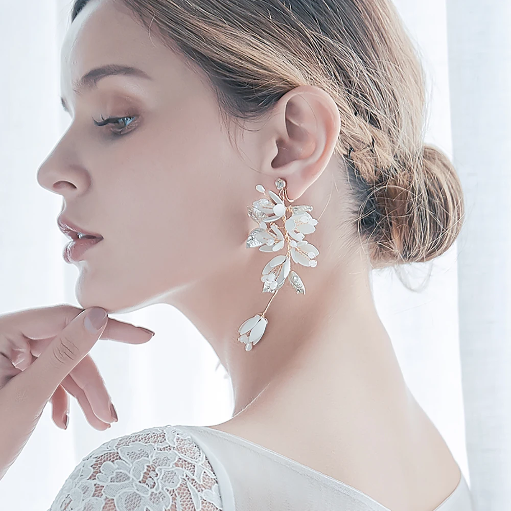 Handmade Bridal Gold Leaves Flower Clip Earring Wedding Statement Earrings Women