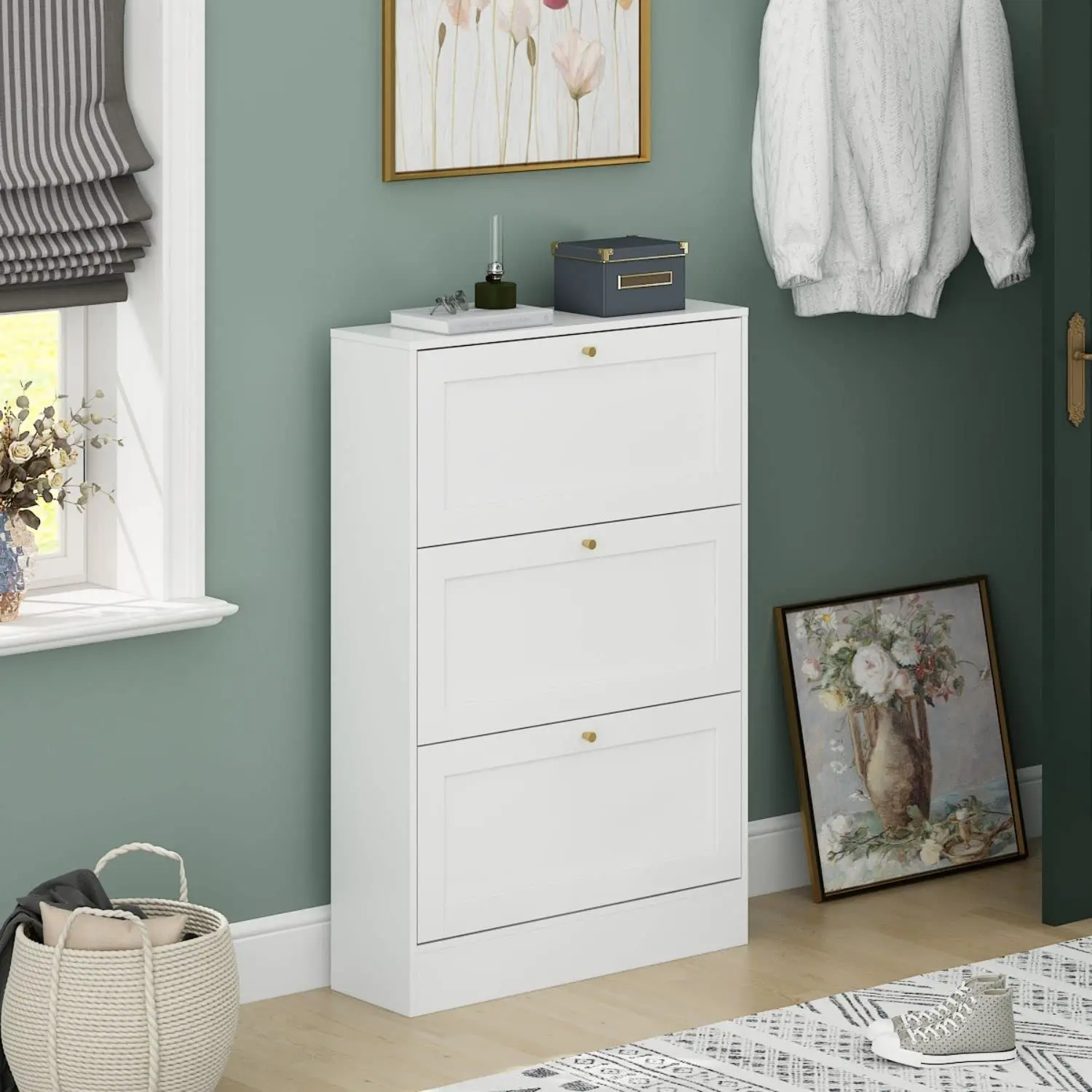 Modern Shoe Storage Cabinet with Drawers & Shelf Freestanding Tipping Bucket White Shoe Cabinet Organizer for Entryway