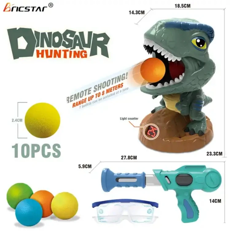 Bricstar ABS material children shooting game toys cartoon dinosaur shooting sound light foam ball guns toys