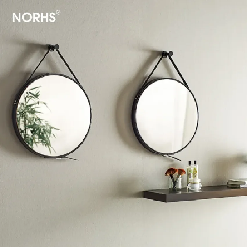 Simple Modern Design Round Shape Diameter 50cm Anticorrosion Brown Leather Framed Wall Hanging Vanity Mirrors