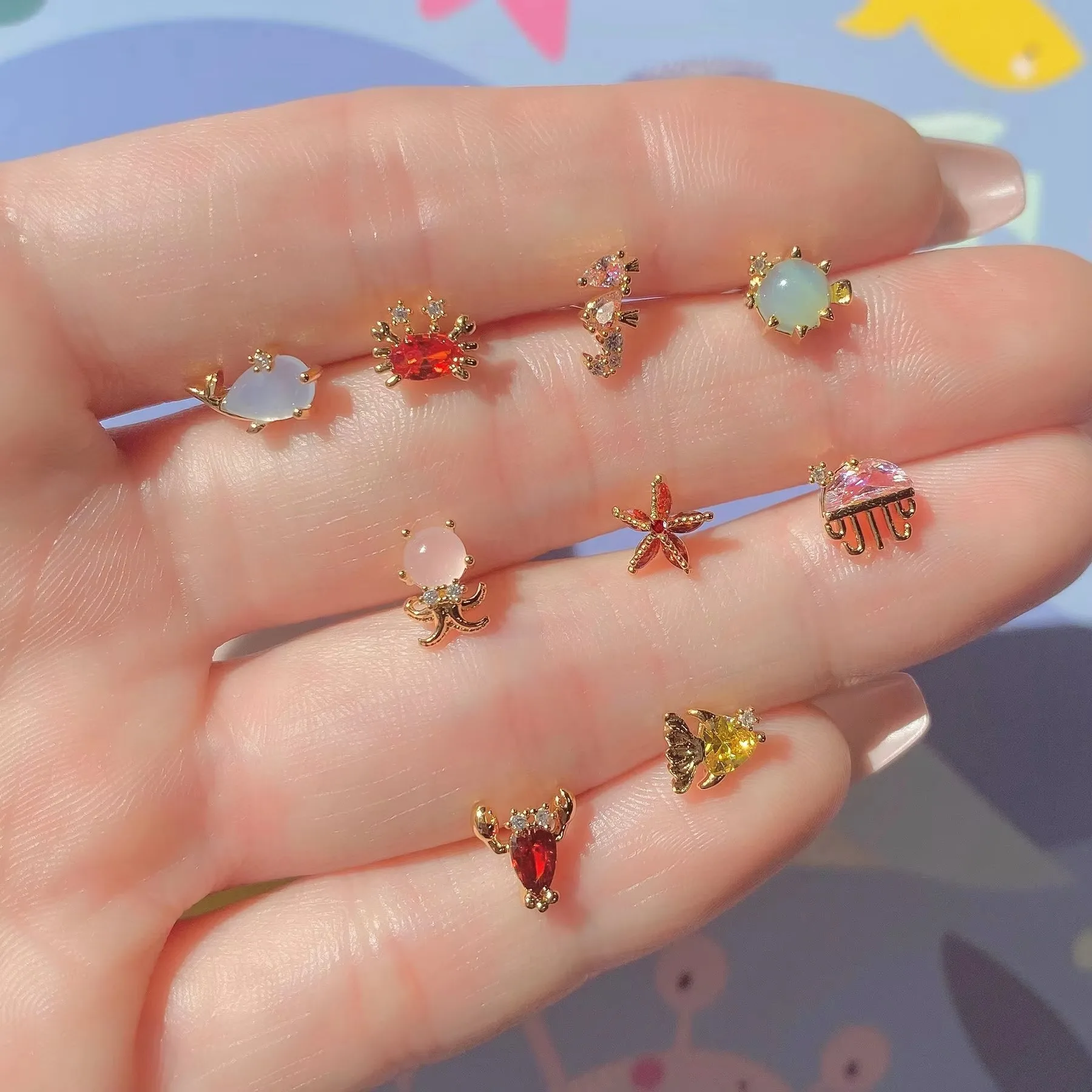 Marine Animals 18K Earrings for Women Girls Environmental Protection Theme Jewelry Zircon Starfish Plated Brass Stud Earrings