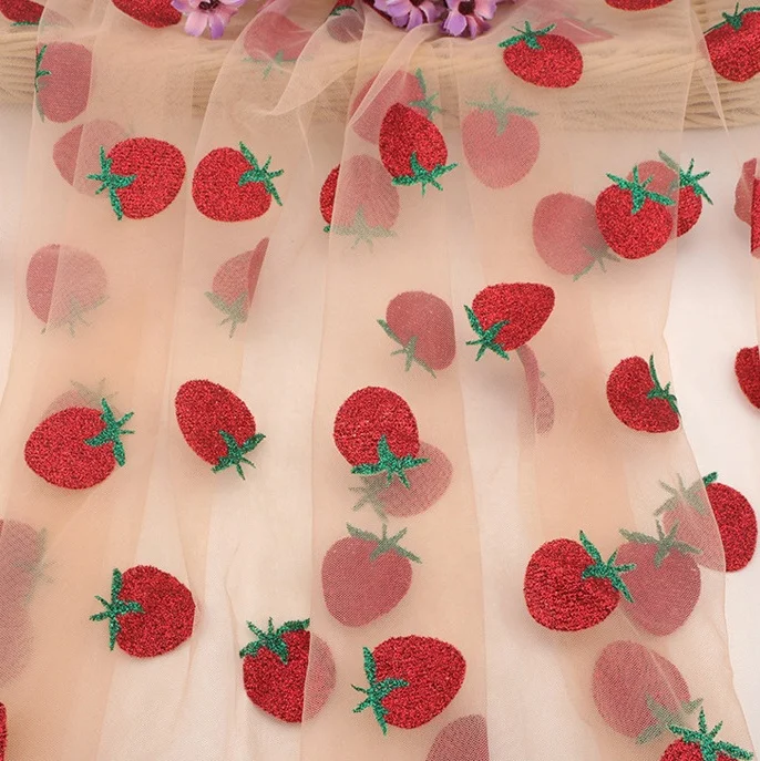 Wholesale shiny glitter strawberry swiss tulle lace fabric for dresses LT21745