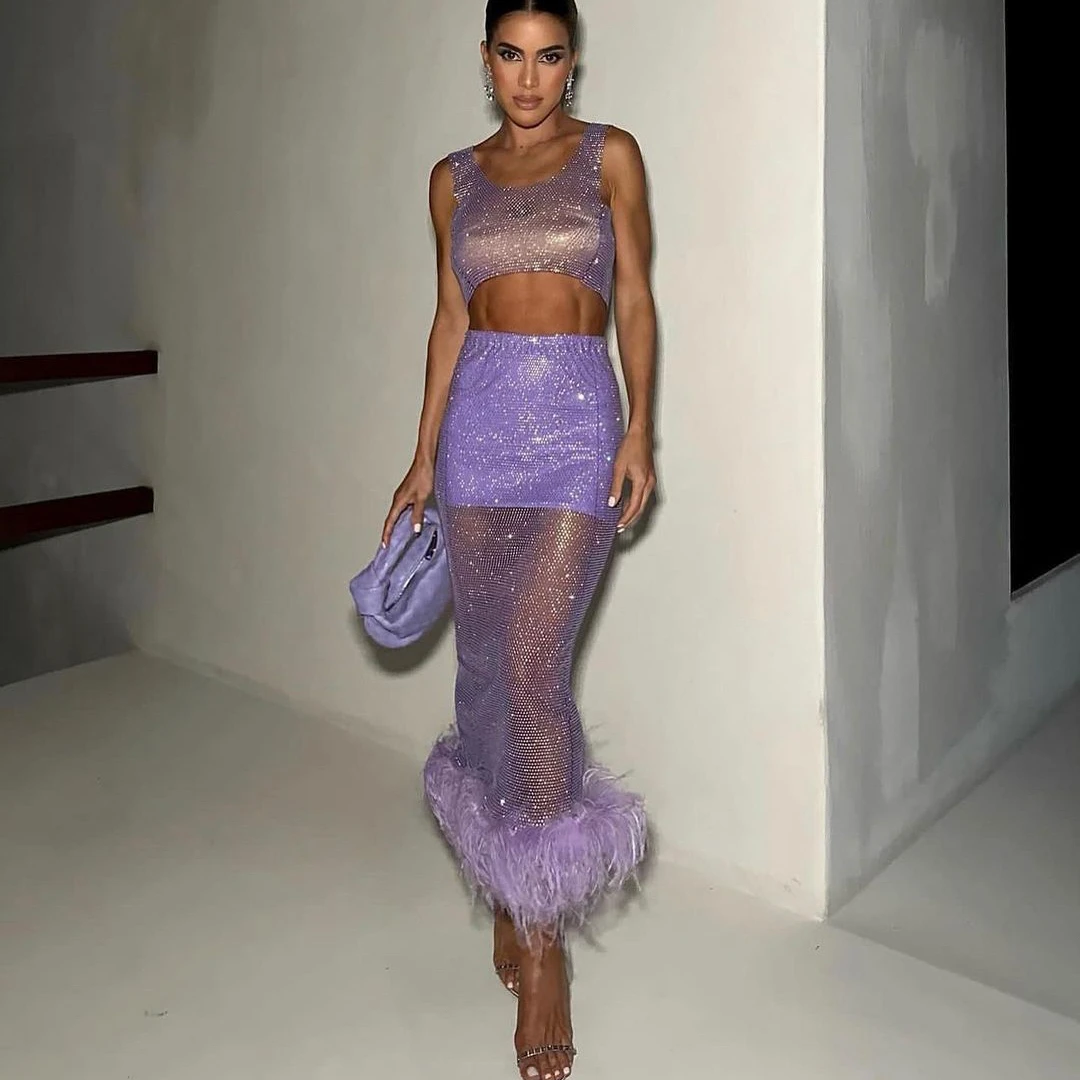 New fashion sleeveless vest+skirts sexy sequins slim fit see-through furry 2 pieces sets elegant nightclub suits women clothing