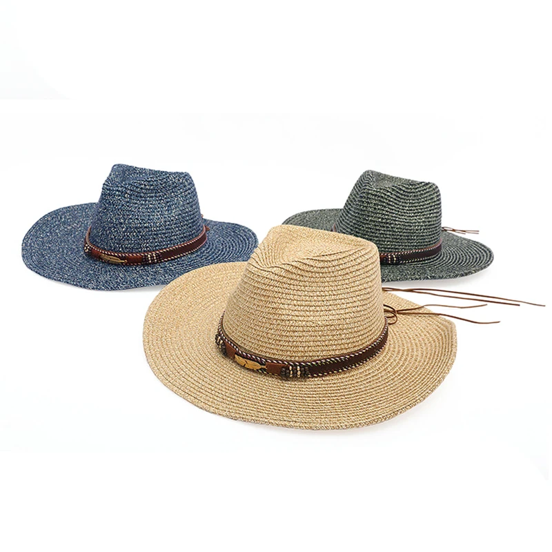 
Latest design fashion wholesale fedora straw hat with leather belt decoration holiday style straw bucket hat 