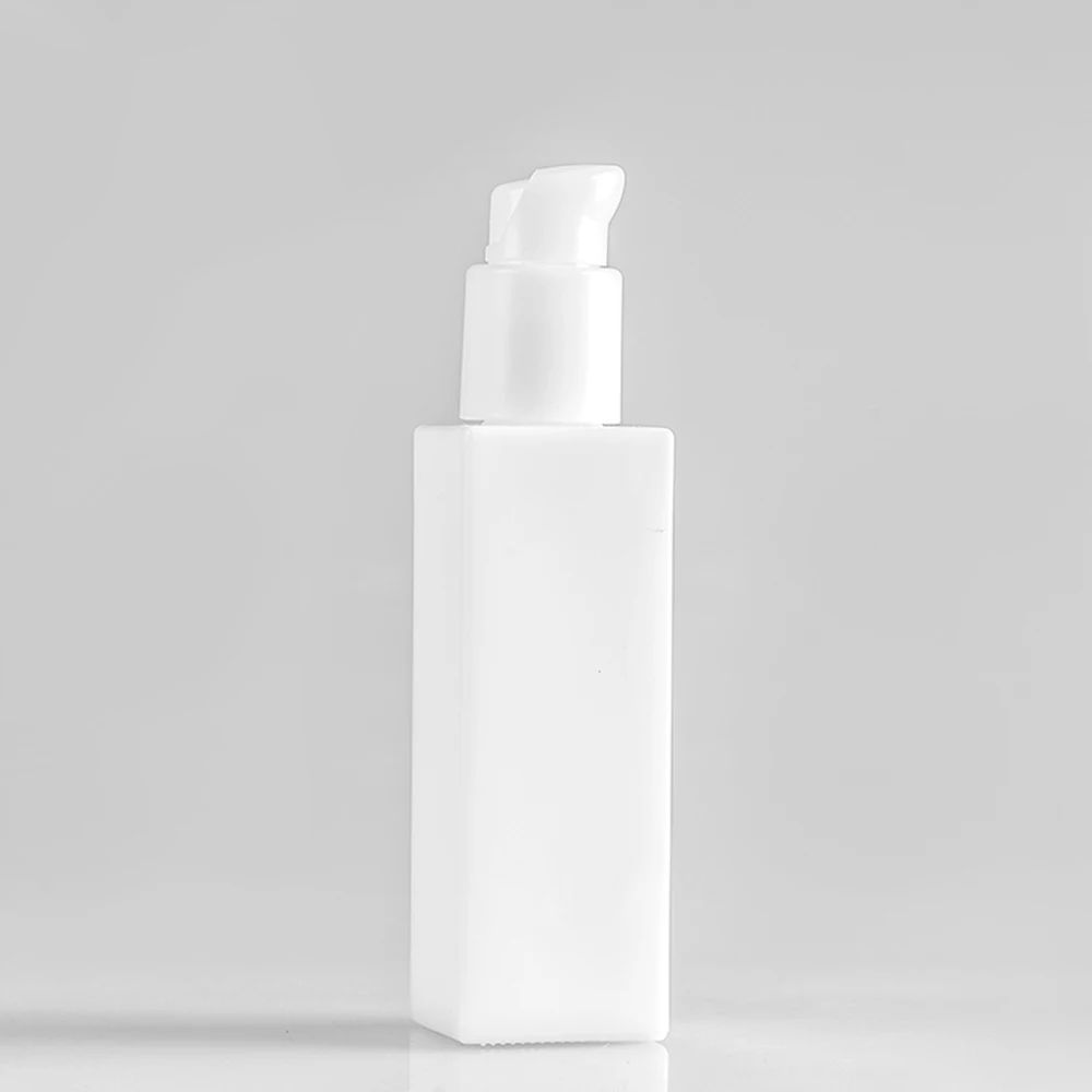 White opal square glass lotion bottle with pump or screw cap for skincare cosmetic packaging