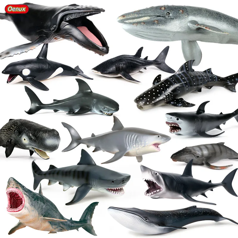Oenux Wholesale PVC Animals Toy Action Figures Megalodon Humpback White Billhead Shark Blue Gray Killer Whale Sealife Model