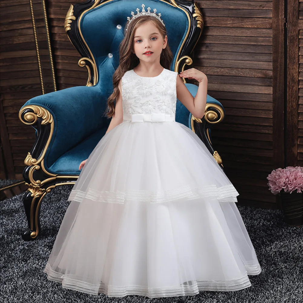 Elegant Style White Wedding Gown Exquisite Pink  Flower Girl  Dress  Kid Party Dresses for Party Birthday Girl Dresses for 12yrs