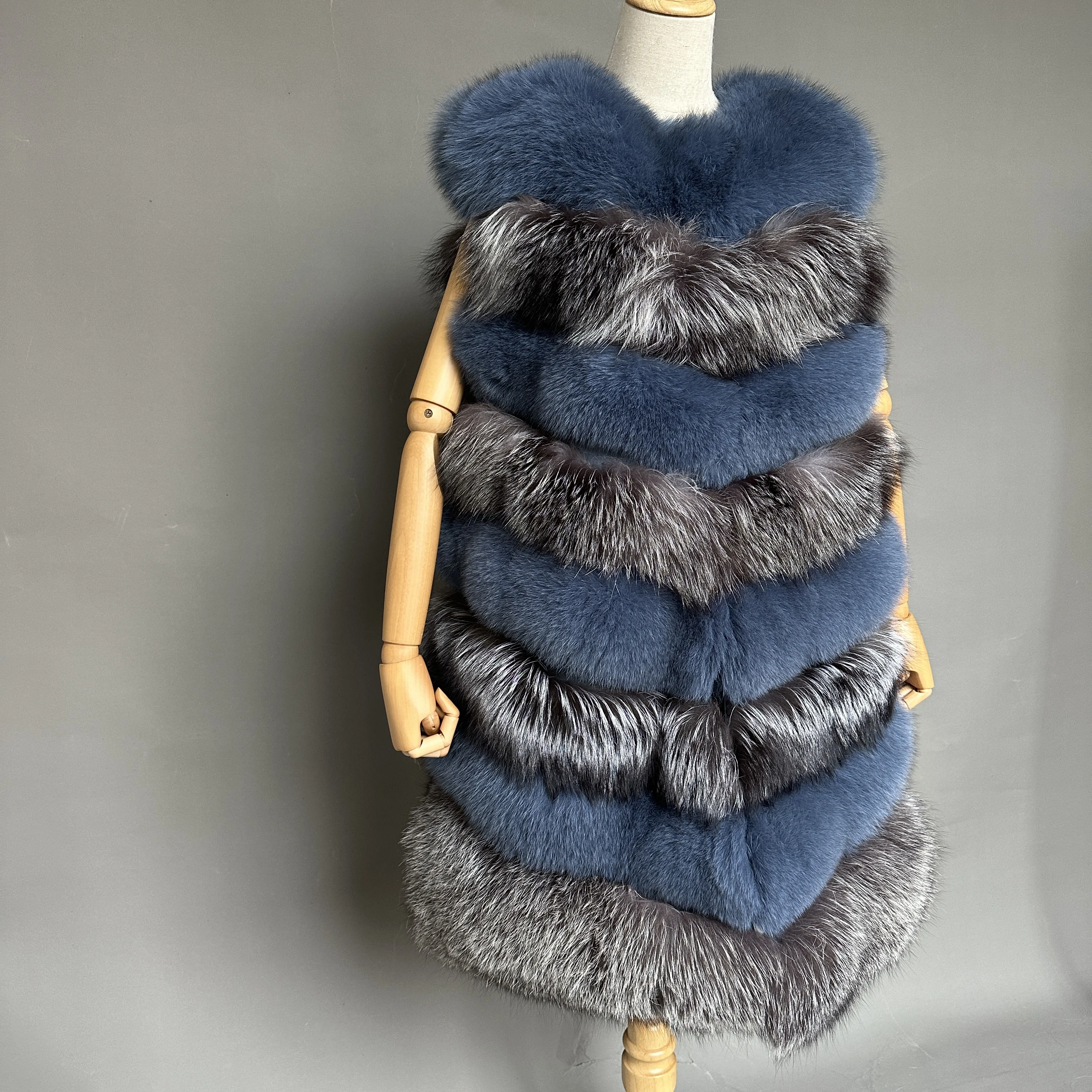 Multicolor Genuine Fur Stitching Vest Female Striped Silver Fox Fur Long Vest Women Winter Real Fur Gilet
