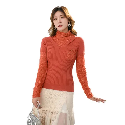 2021 Wholesale Spring Fashion Ladies costume Lace Beading Long Sleeve Turtleneck woolen Women sweaters