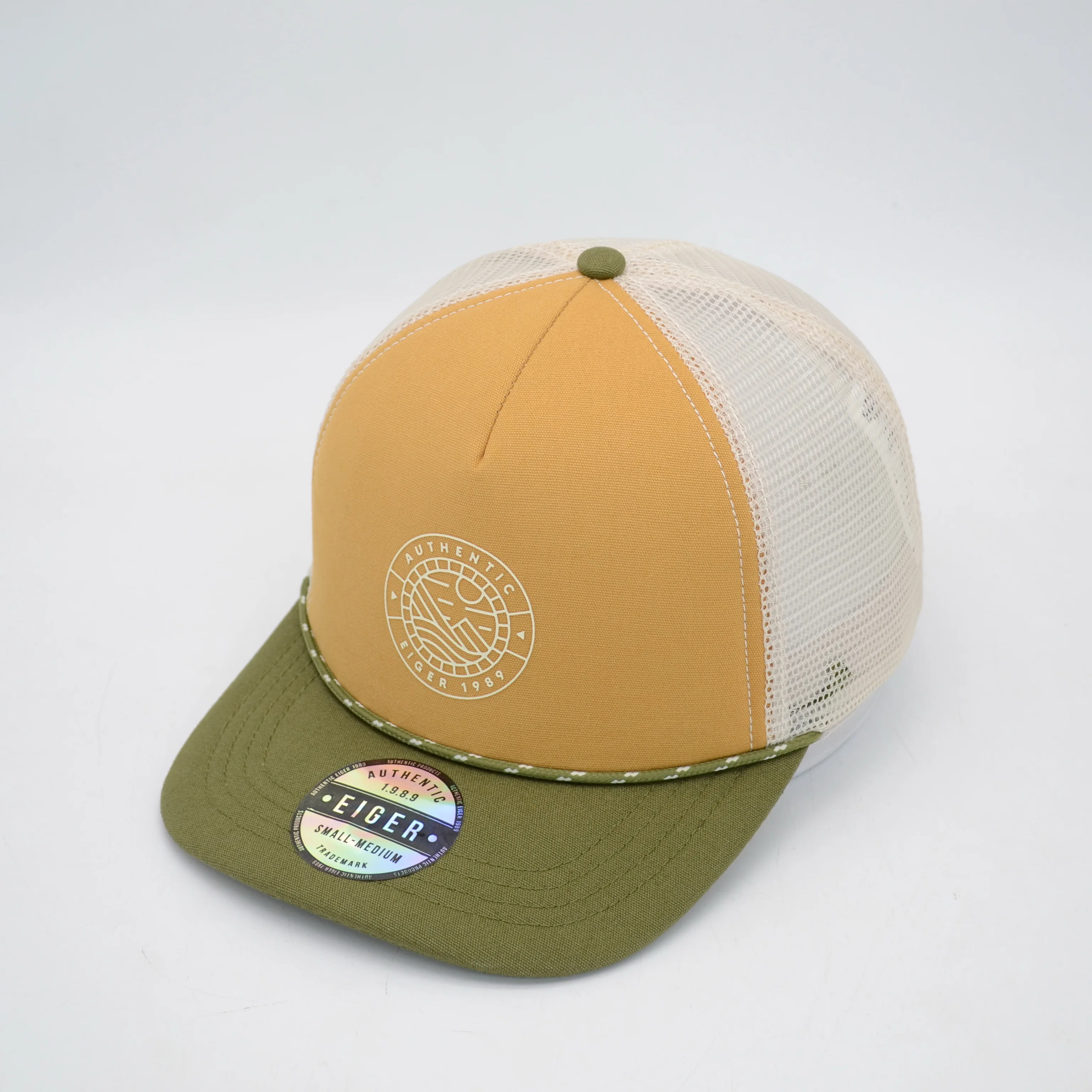 Custom rope strap 5 panel foam trucker cap with printing  logo and sticker on brim